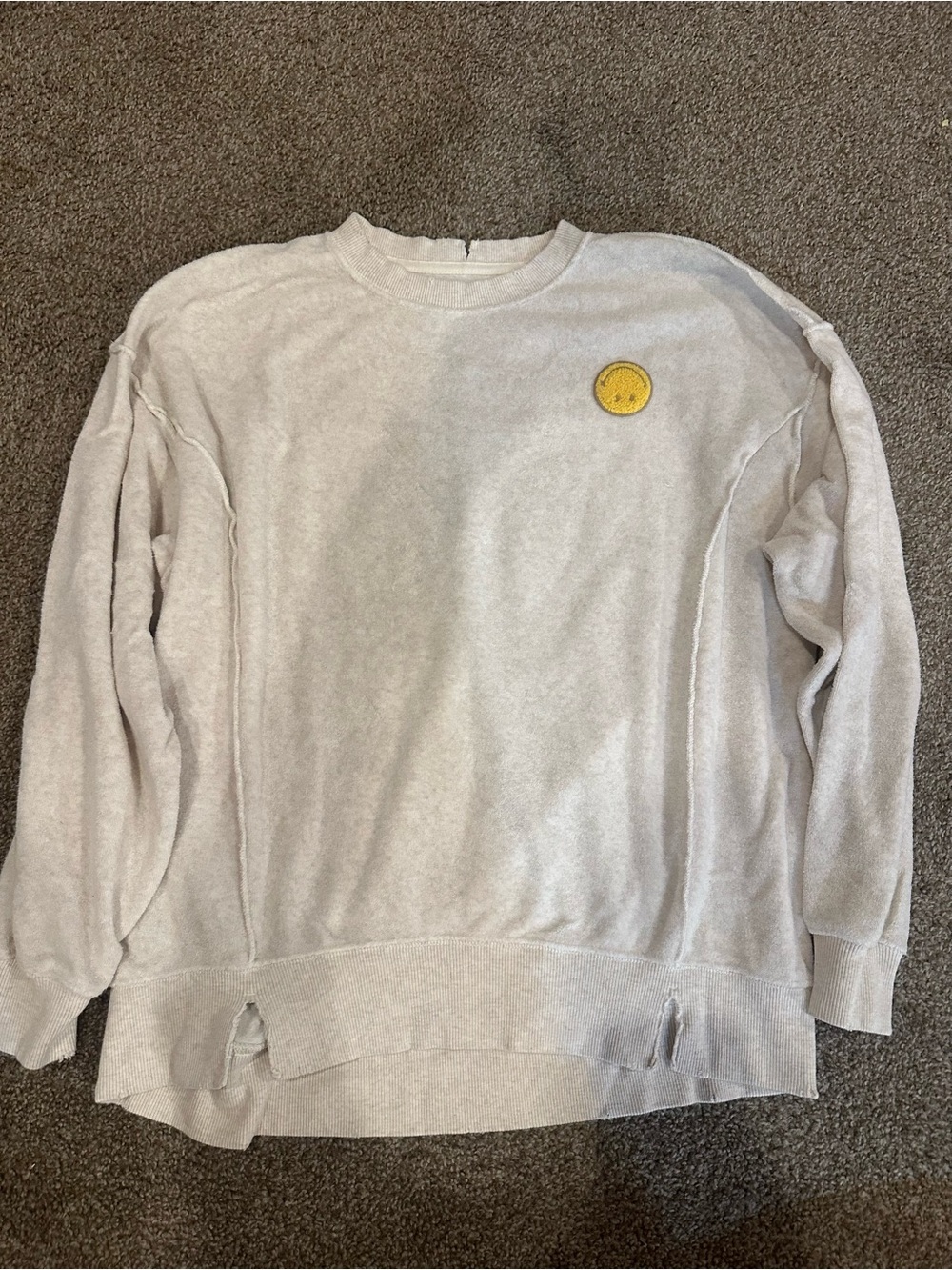 aerie Light Beige Crewneck Sweatshirt with Yellow Smile Patch